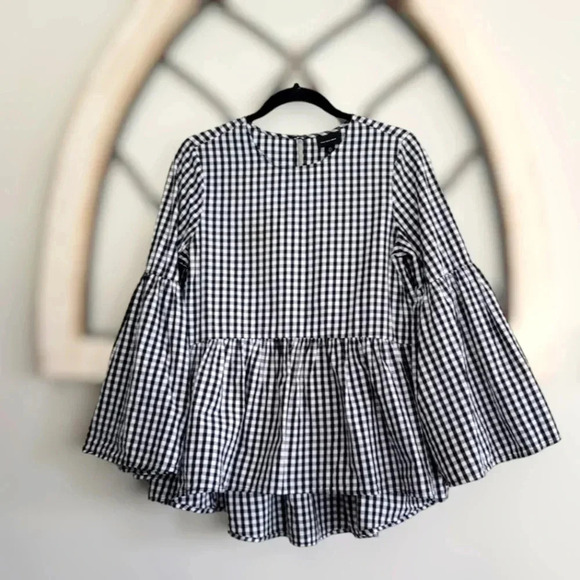 Who What Wear Tops - WHO WHAT WEAR, Black & White GINGHAM Print, Peplum Blouse W/BELL SLEEVE Size XS